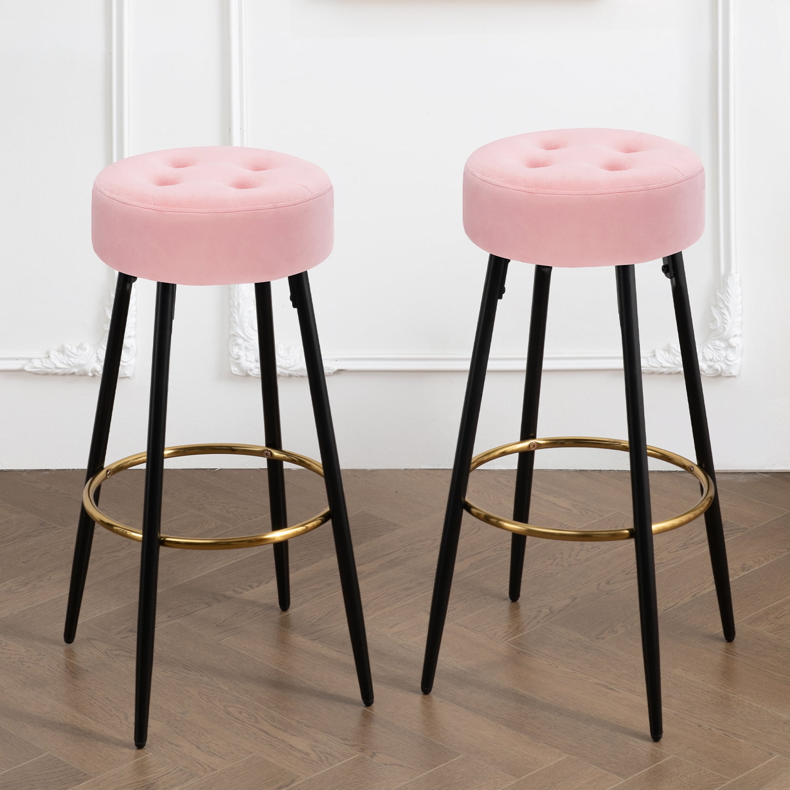 Furniliving 30" Height Backless Velvet Pink Bar Stools with Footrest 2