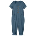thumbnail image 5 of Women's Cotton Linen Solid‑Color Short‑Sleeve Jumpsuit U‑Neck Button‑Front Loose Baggy One‑Piece Pants with Side Pockets Blue S(S), 5 of 9