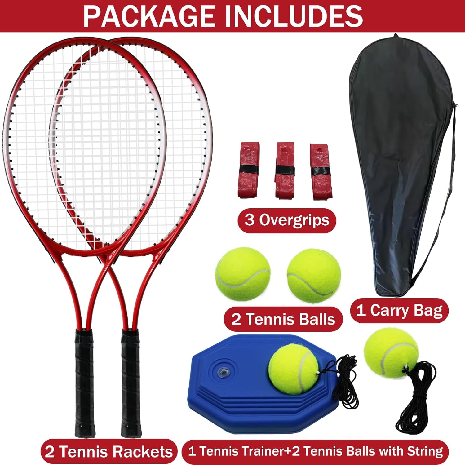 Magicorange Tennis Racket Set of 2 for Adult, 27 inch Length for Beginners and Professional with 4 Balls, 3 Overgrips, 1 Trainer, 1 Tennis Bag (Red)