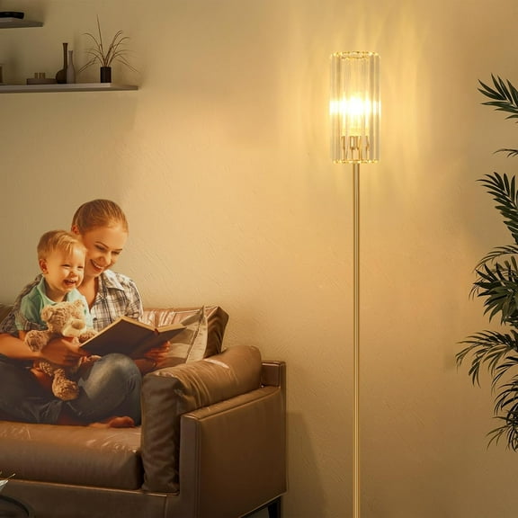 Gold Floor Lamp for Living Room, Brass Pole Standing Lamp with K9 Crystal Shade, Modern Corner Standing Lamp for Bedroom with On/Off Switch