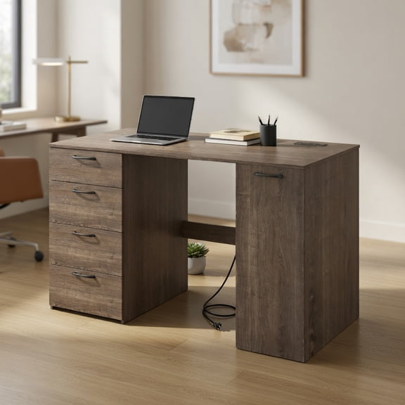 Resenkos 53-Inch Computer Desk with Power Outlets and 4 Storage Drawers - Gray/Black