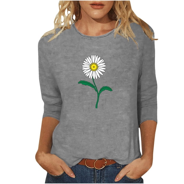 Camisetas Casuales de las Mujeres de Moda Impresa 3/4 Mangas Blusa Cuello Redondo para el Hogar Y Diario