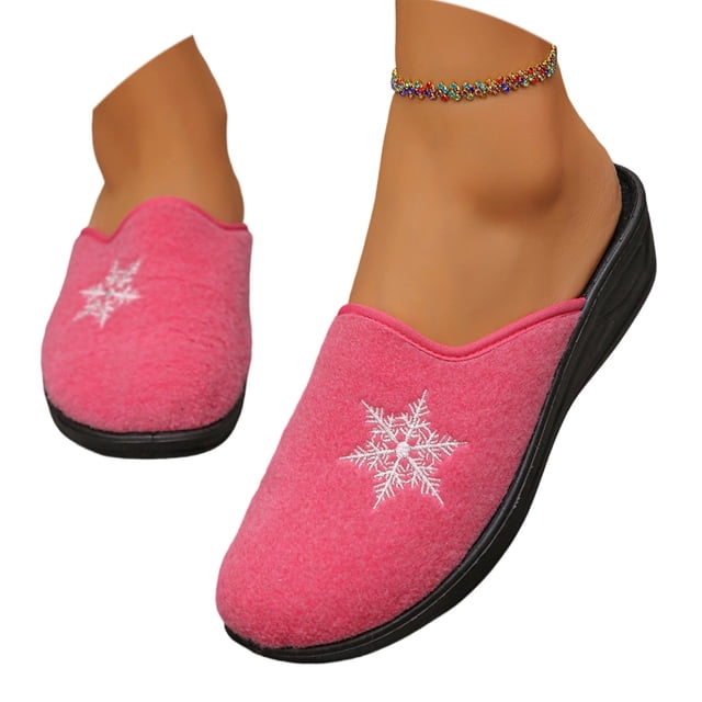 Women Fashion Slip on Slippers Snowflake Design Flock Material Semi Enclosed Toe Soft Sole Casual Slide Sandals