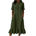 thumbnail image 2 of ClodeEU Women's Linen Blend V Neck Half Sleeve Dress with Ruffle Hem,Solid Color Casual Midi Dress with Pockets Army Green,Women's Plus L, 2 of 8