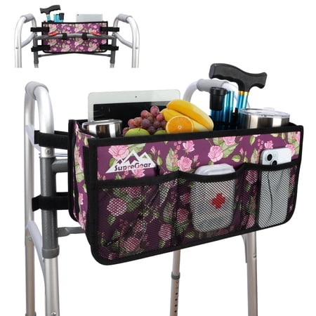 SupreGear Walker Basket with Large Pouch and Cup Holder, Easy Install Oxford Mobility Bag, Floral Purple