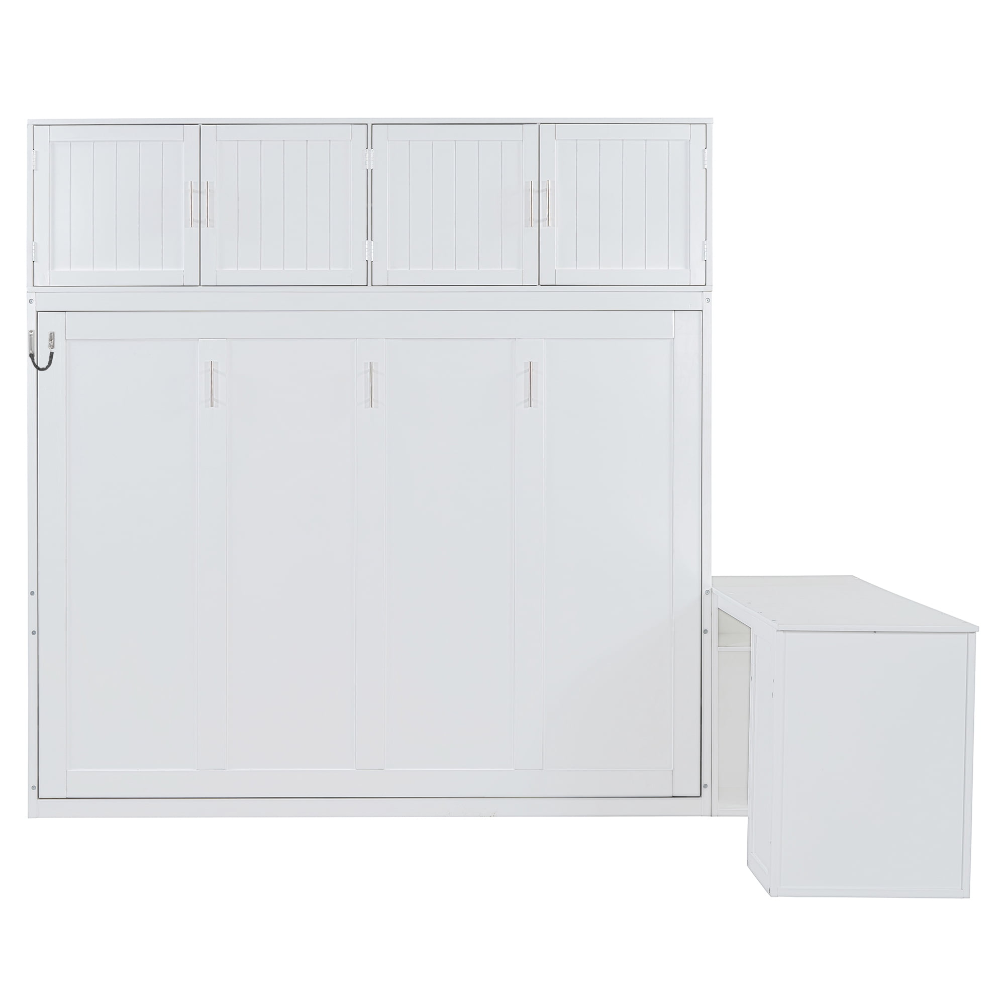 Mintazer Queen Size Murphy Wall Bed with Top Storage Cabinets & Movable Office Desk, Foldable Cabinet Bed for Guest Room Home Office, White