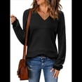 thumbnail image 3 of Suéter Informal de Larga con Cuello en V, Tejido Acanalado y Crochet Ligero para Mujer (Otoño 2025) Negro L, 3 of 7