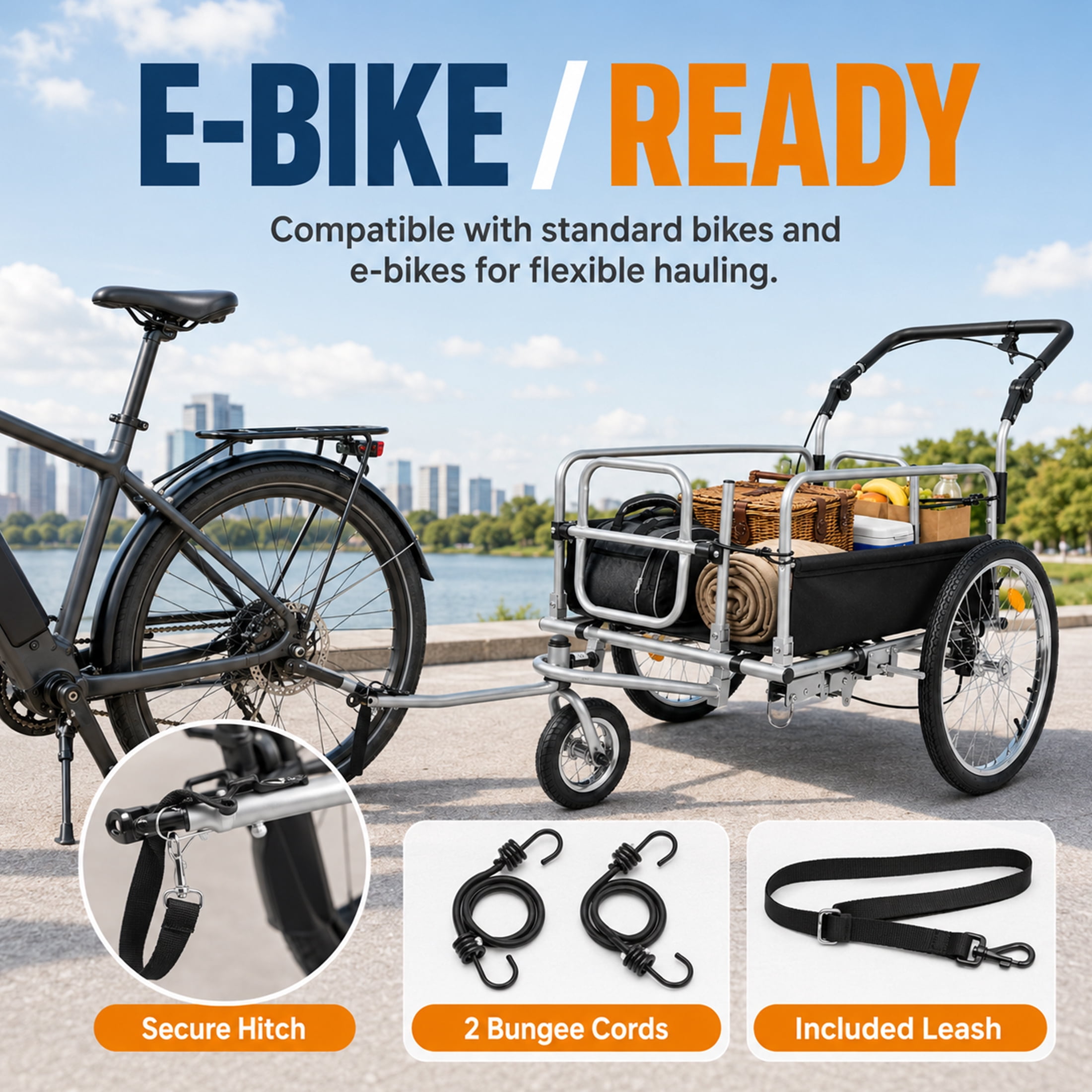3-in-1 Heavy Duty Bike Cargo Trailer, E-Bike Compatible Bicycle Utility Cart with Stroller & Pull Cart Function, 110 lbs Capacity, Suspension, 20" Wheels, Black Gray