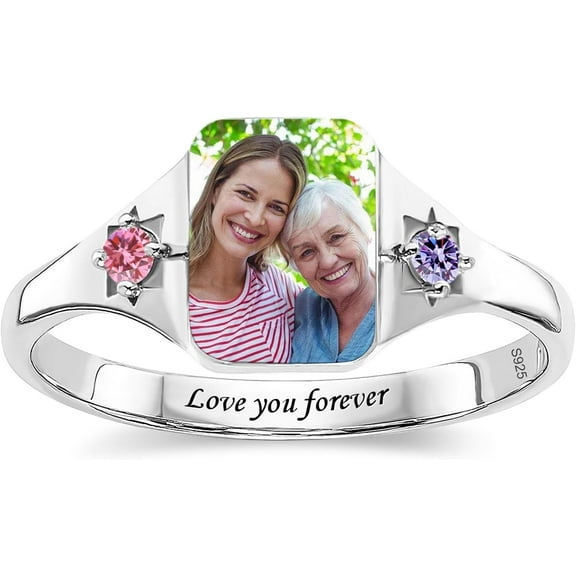 Custom Picture Ring 925 Sterling Silver Personalized Photo Ring for Women Birthstone Ring Promise Rings Anniversary Birthday Gift for Her Women Lover