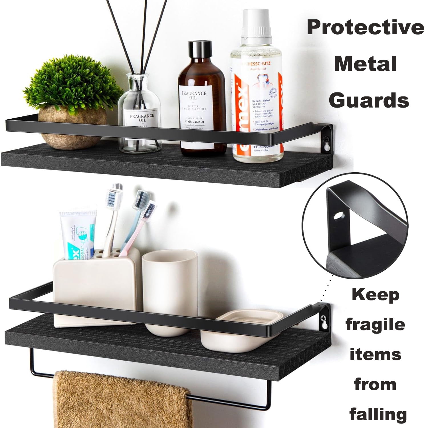 16" Black Wall-Mounted Floating Shelves W/Rack & Towel Bar, Home Decor 2-Tier Wood Storage Shelf for Livingroom Kitchen Bedroom, Bathroom Shelves Over The Toilet
