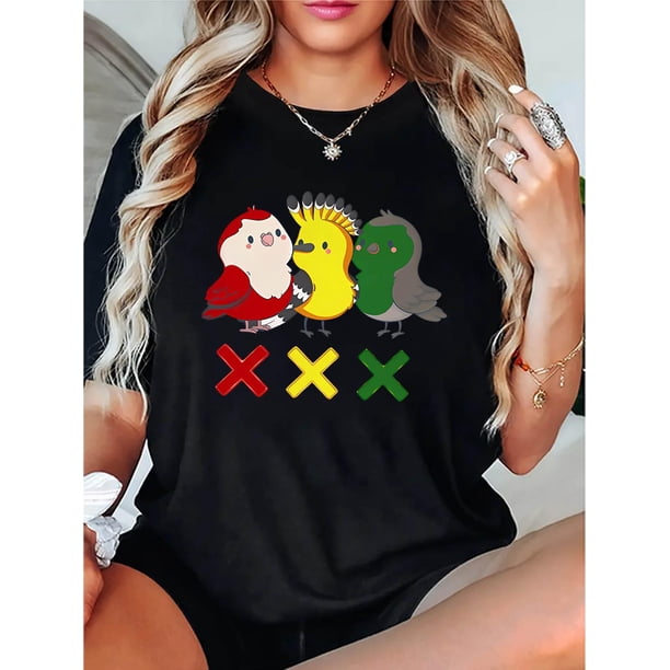 Playera de manga corta para mujer, estampado en color sólido, cuello redondo, estilo casual, para verano, estilo casualWomen's Colorful Bird Graphic T-Shirt - Casual Short Sleeve, Soft Polyester Ble