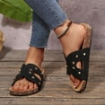 thumbnail image 3 of Womens Cork Footbed Slide Sandals with Arch Support Trendy Studded Hollow out Comfy Summer Slip on Flat Shoes Black Size 8, 3 of 9