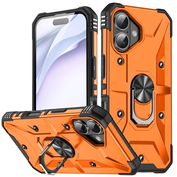 for iPhone 17 Rugged Case, Shockproof Heavy Duty Protective Case with Ring Stand for iPhone 17 Support Magnetic Car Mount Non-Slip Cover, Orange