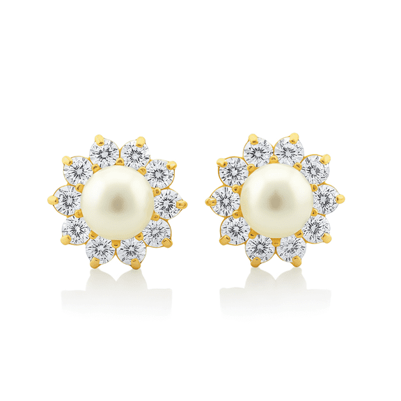 Vinali 14K Solid Yellow Gold White Freshwater Pearl Halo CZ Stud Earrings