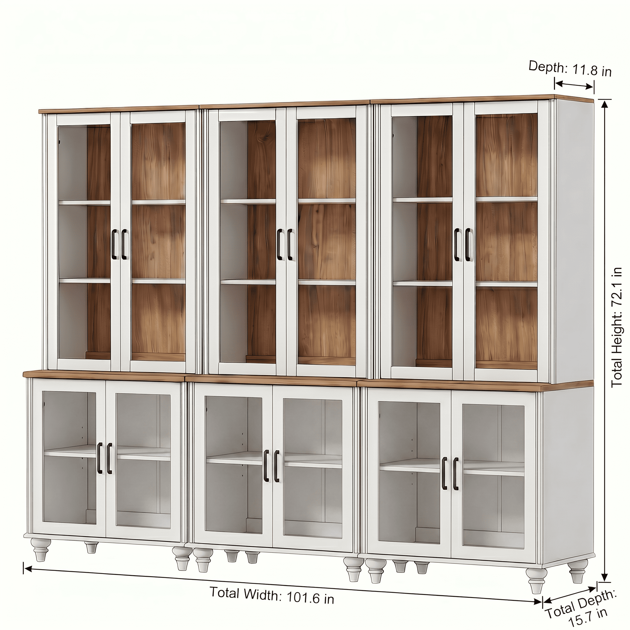 Sideboard Buffet Cabinet with Storage, 5-Tier Large Bookcase with Glass Doors and Adjustable Shelf, Library Wooden Bookshelves for Living Room, Office, Kitchen, White, 72" H