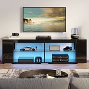 Pinmoco LED TV Stand for TVs up to 80, Gaming Entertainment Center with Side Bookshelf and 4 Open Shelves, Black