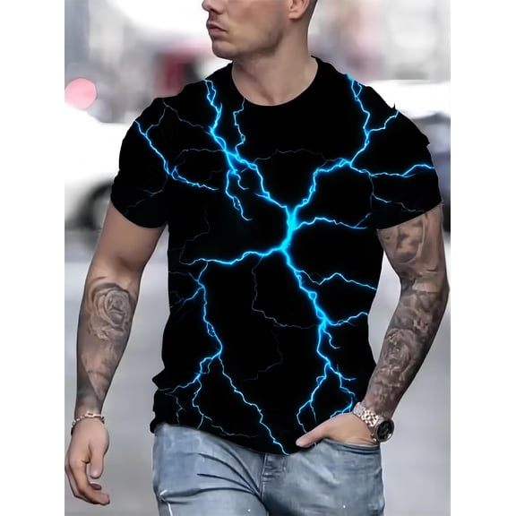 Men's Large Size 3D Lightning Printed T-Shirt - Casual Breathable Polyester Fiber, Crew Neck Short Sleeves - Perfect for Summer, PLUS SIZE