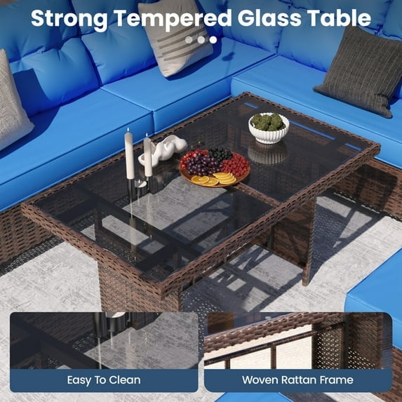 ELPOSUN 7-Piece Outdoor Patio Furniture Set - Sectional Sofa, Dining Table & Chairs Included, All-Weather Conversation Set with Ottoman, Brown Rattan,Navy