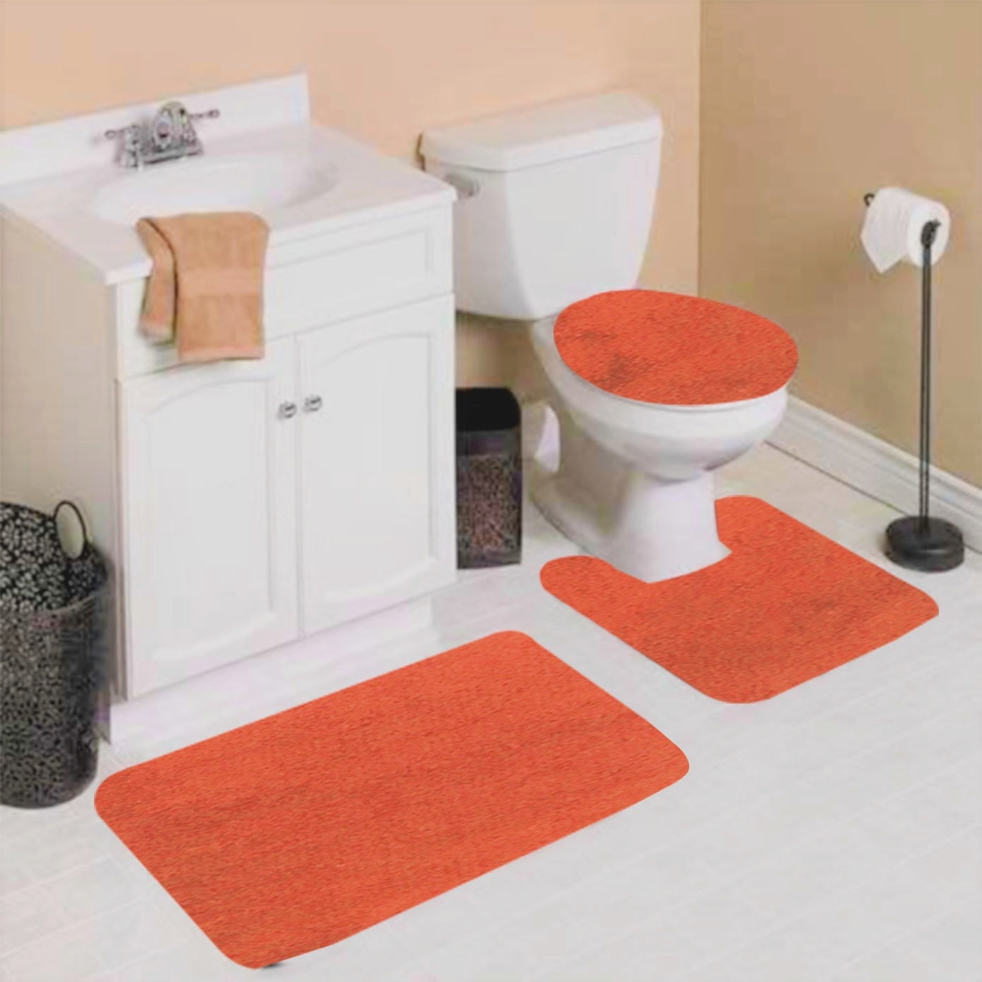 Stripe 3 Pc Thick High Pile Bathroom Set With Bath Mat Rug & Lid Cover Orange