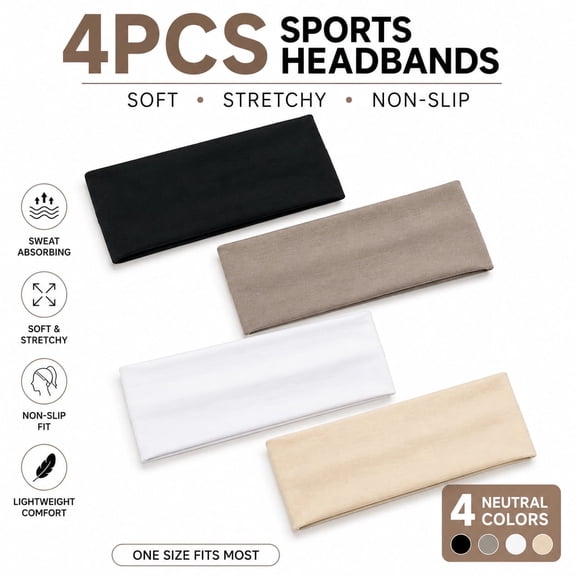 4PCS Seamless Sports Headbands for Women & Men, Non-Slip Sweat Absorbing Elastic Workout Head Bands for Running, Yoga, Gym, Fitness, Everyday Hair Control, Soft Stretch Athletic Headwrap Set