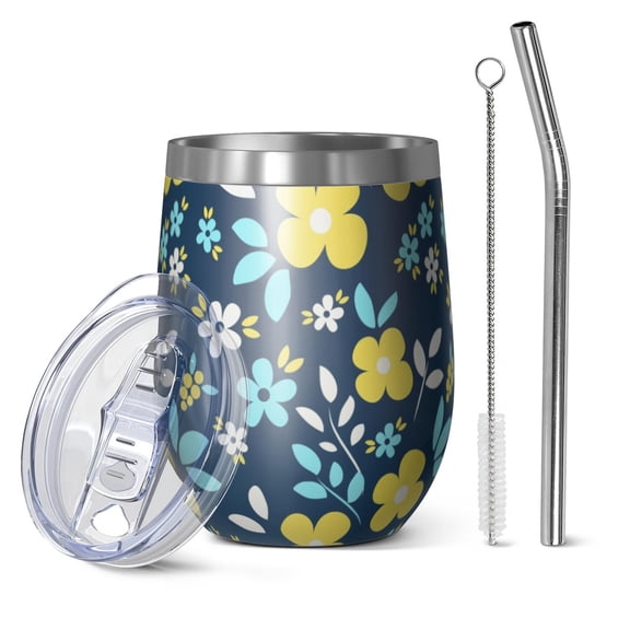 Floral 12oz Stainless Steel Insulated Wine Tumbler with Lid and Straw – Double Wall Vacuum Mug for Hot & Cold Drinks, 304 Steel Interior, Sweat-Free Design,Thanksgiving,Christmas, Spring,Flower