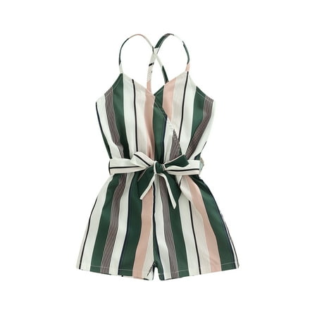 

CenturyX Toddler Baby Girls Summer Sling Romper Stripe Print Sleeveless V-neck Jumpsuit One-Piece Clothes Green 5-6 Years