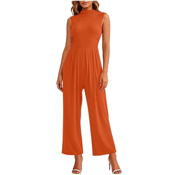 PBFRDSJ Jumpsuits for Women Casual Sleeveless Mock Neck Ruched Wide Leg Jumpsuit Casual Formal Long Romper with Pockets