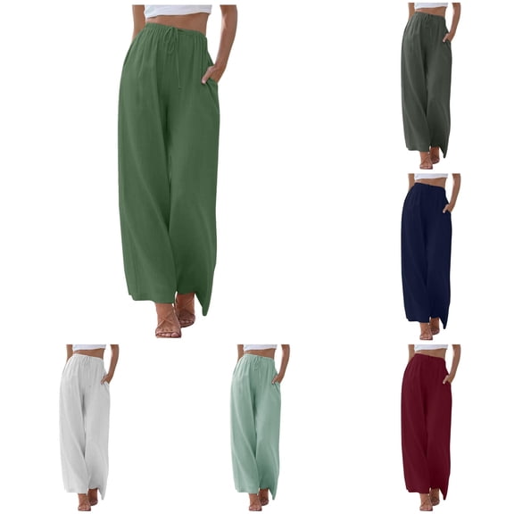 QTSHPN Women's Wide Leg Pants High Waisted Fashion Drawstring Elastic Long Trousers Comfy Straight Leg with Pockets Casual Women Pants Green L