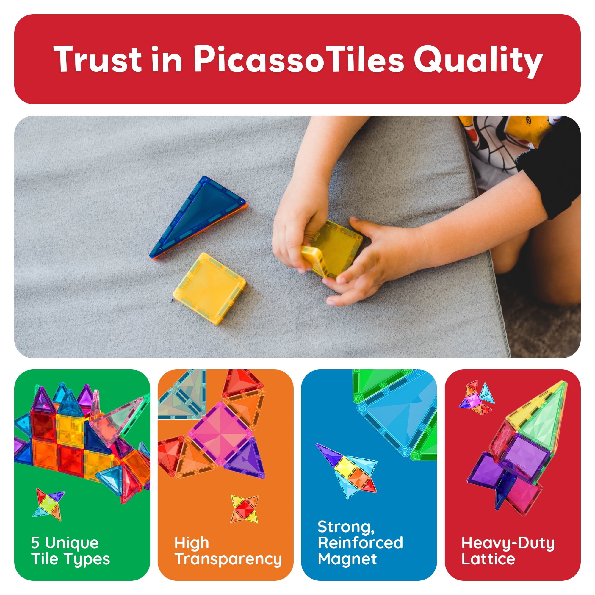 PicassoTiles Mini Magnetic Tiles for Kids – 100PCS STEM Building Blocks Travel Set, Educational Construction Toy, Creative Portable Learning Kit