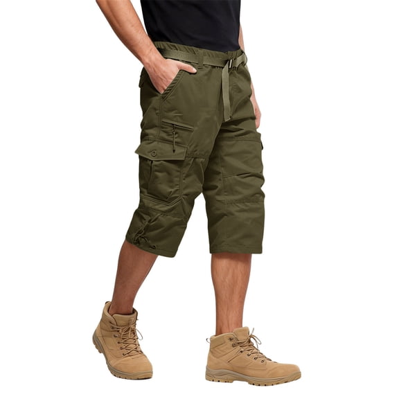 Men’s Casual Workwear Multi Pocket Knee Length Cargo Pants Relaxed Fit Outdoor Utility Trousers for Daily Wear