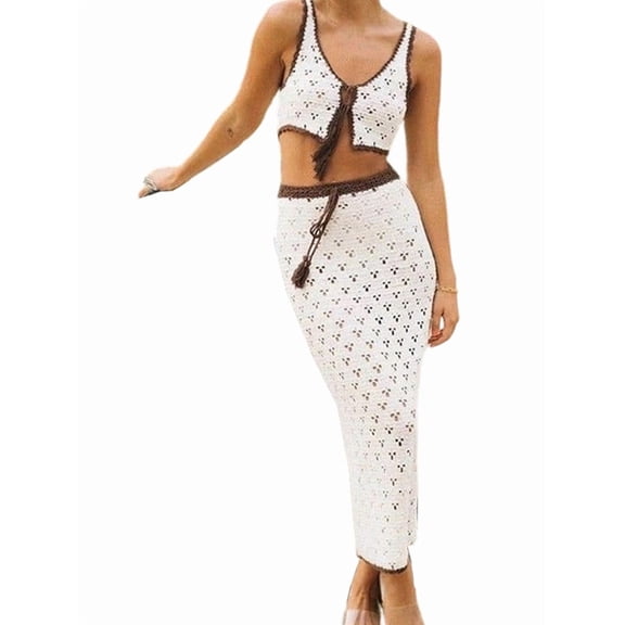 Women's Crochet 2 Piece Outfit, Sleeveless Crop Top and Maxi Skirt Set As Shown S