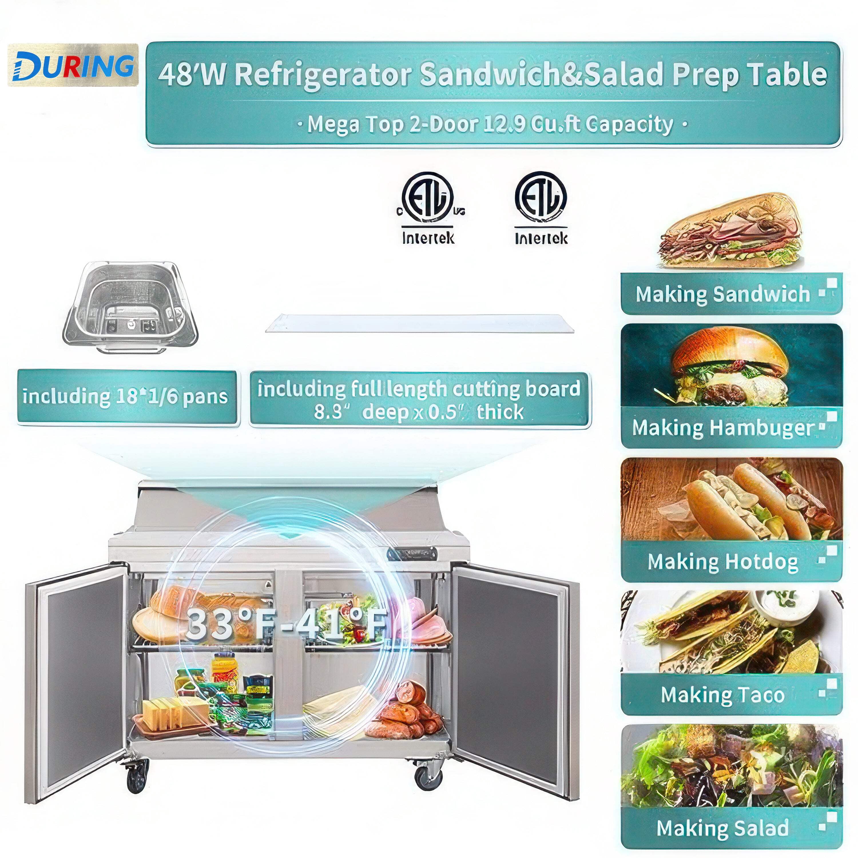 DURING D-KSR-48B 48" 2-Door Sandwich  Salad Prep Table Commercial Refrigerator in Stainless Steel