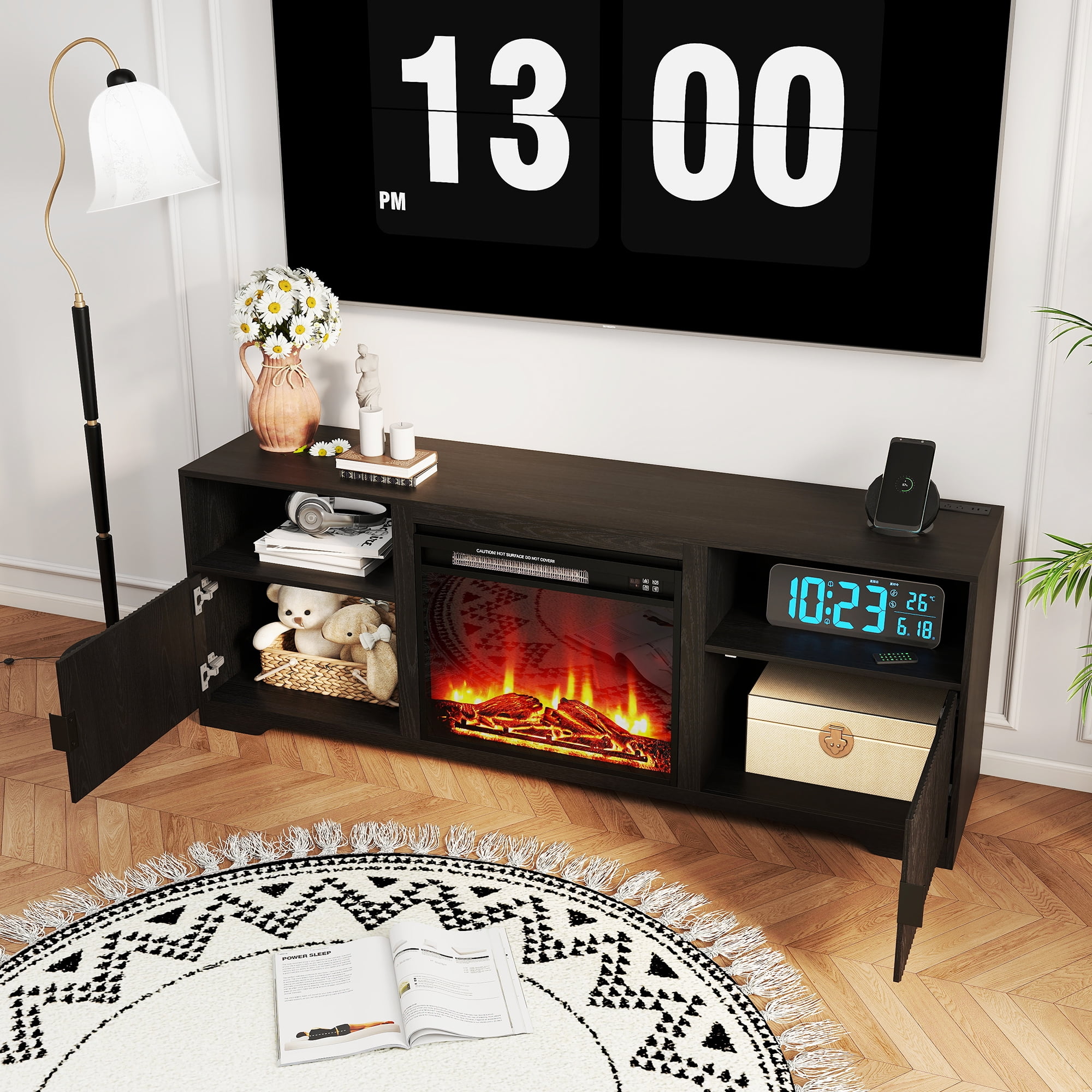 LUCKYELF Fireplace TV Stand, Entertainment Center for TVs up to 80", Wood Media Console for Living Room, Bedroom, Black