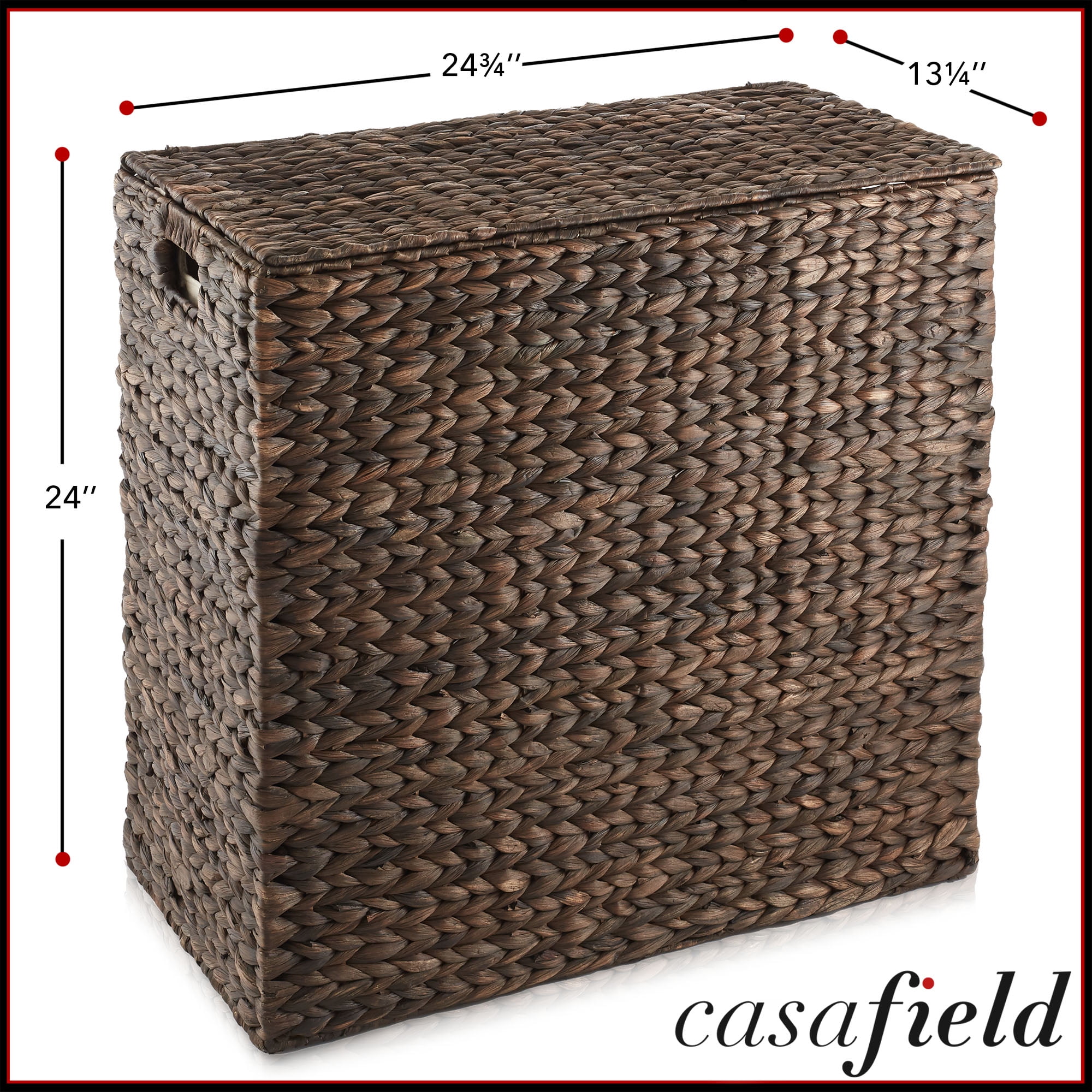 Casafield 2-Section Laundry Hamper with Lid and Removable Liner Bags - Espresso Dark Brown, Woven Water Hyacinth Laundry Basket for Clothes