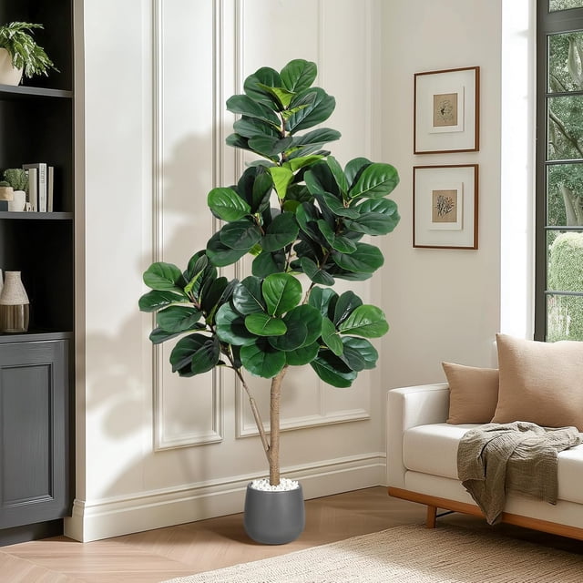 5ft artificial fiddle leaf fig tree con 48 leaves in 7.8 - pulgada gris planter, realistic faux ficus lyrata para home, oficina, o sala de estar decor