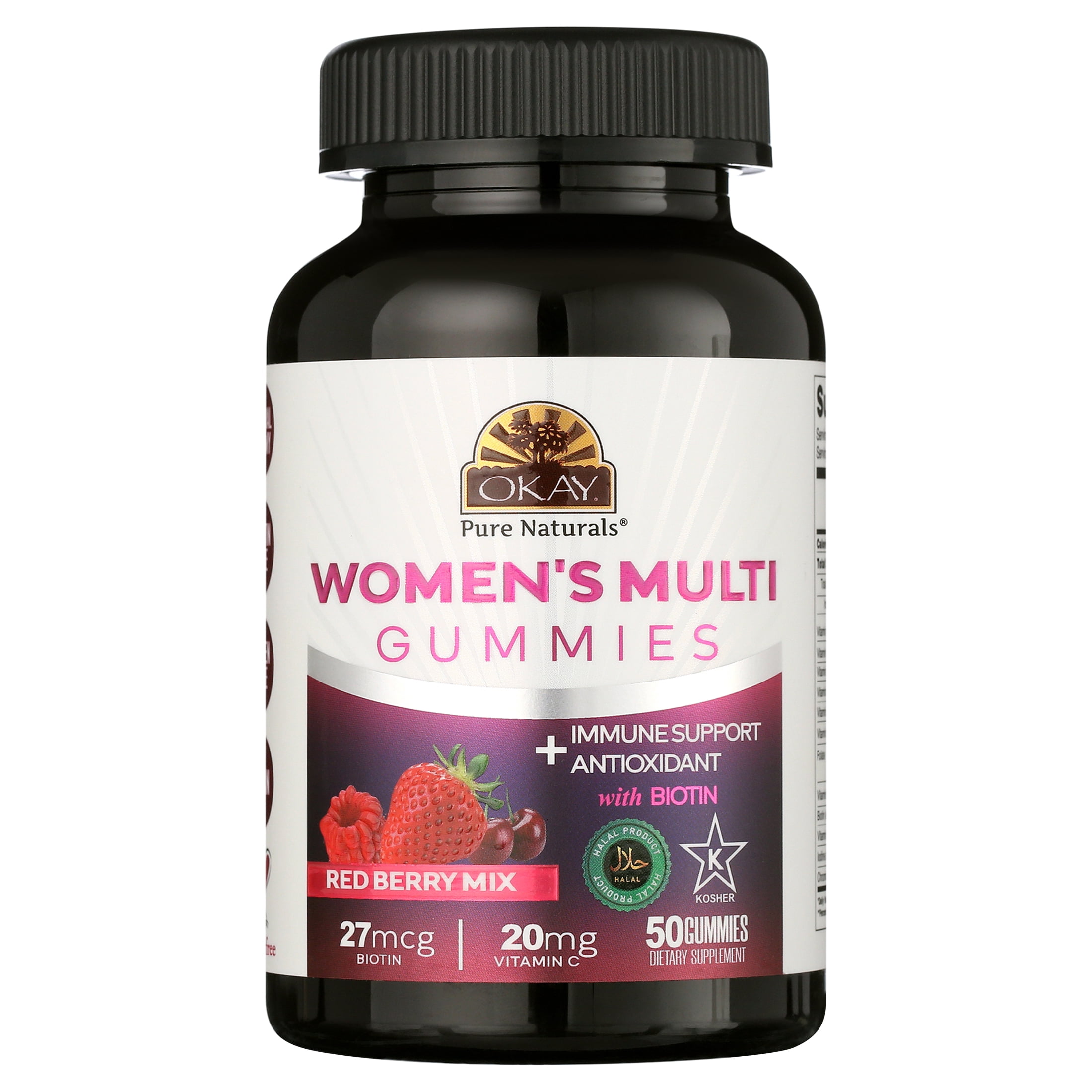 (2 pack) Okay Pure Naturals Multivitamin Gummies with Vitamin C and Biotin, Daily Multivitamin for Women, Red Berry Mix Flavor, 50 Count
