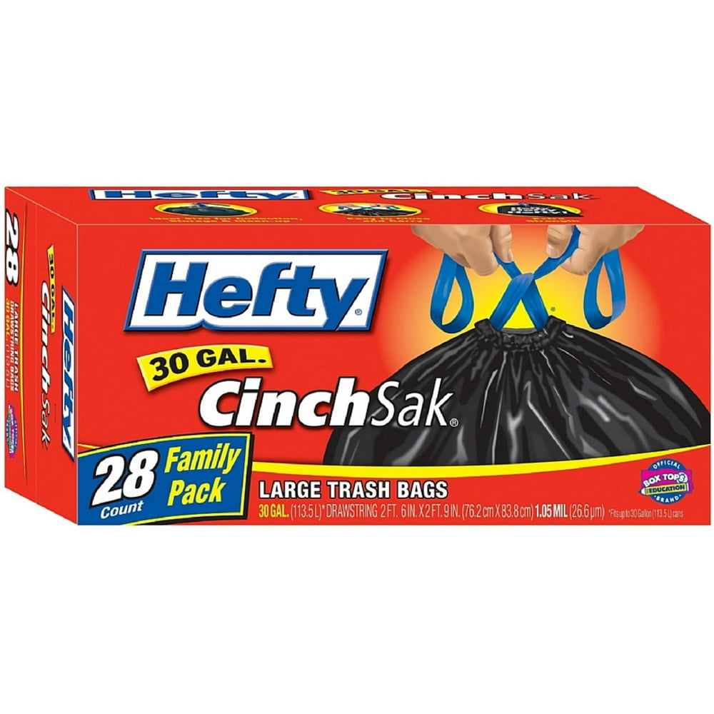 Hefty Cinch Sak Large Trash Bags, 30 Gallon, Black 28 ea (Pack of 6