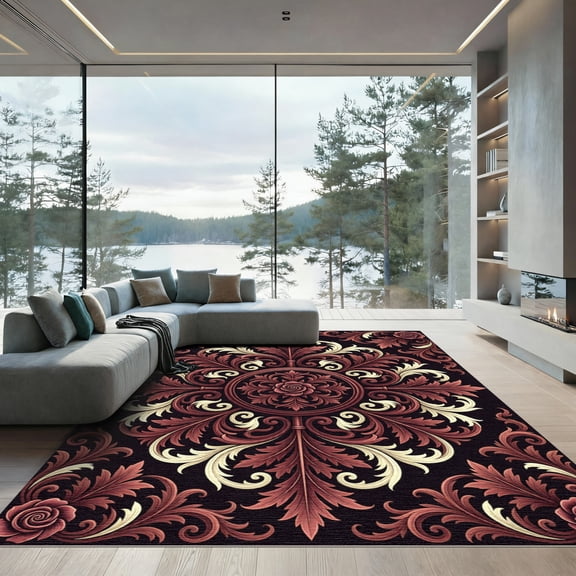 ODIKA 4'x6' Machine Washable Non-Slip Area Rug, Antique Burgundy High Traffic Rug, Red, 955578