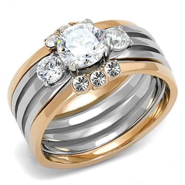 Women Two-Tone IP Rose Gold Stainless Steel Ring with AAA Grade CZ in Clear - Size 10