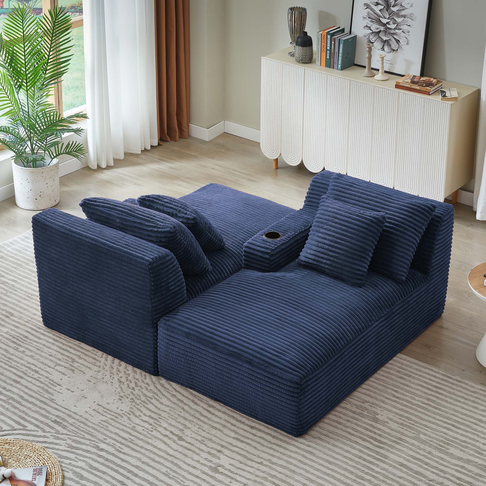 Miniyam 2pc Blue Compressible Chaise Lounge with Cupholders - No Assembly Required, Fluffy Modern Sleeper Loveseat for Indoor Living Room Bedroom