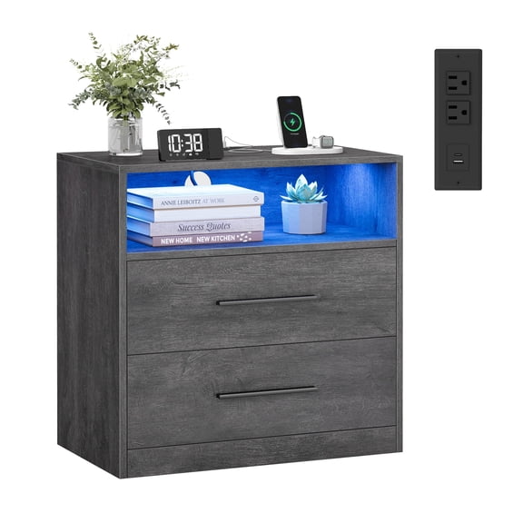 VASAGLE CUSTOS Collection - Nightstand with Charging Station, LED Lights, Side End Table with Drawers, Open Shelf, 2 AC Outlets USB Ports, Misty Gray