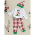 thumbnail image 3 of Bslissey Baby Girls Boys Christmas Jumpsuit Outfits Long Sleeve Bowtie Letter Print Romper + Plaid Pattern Pants + Hat 3Pcs Clothes Set for Infant Toddler 0-24 Months, 3 of 9