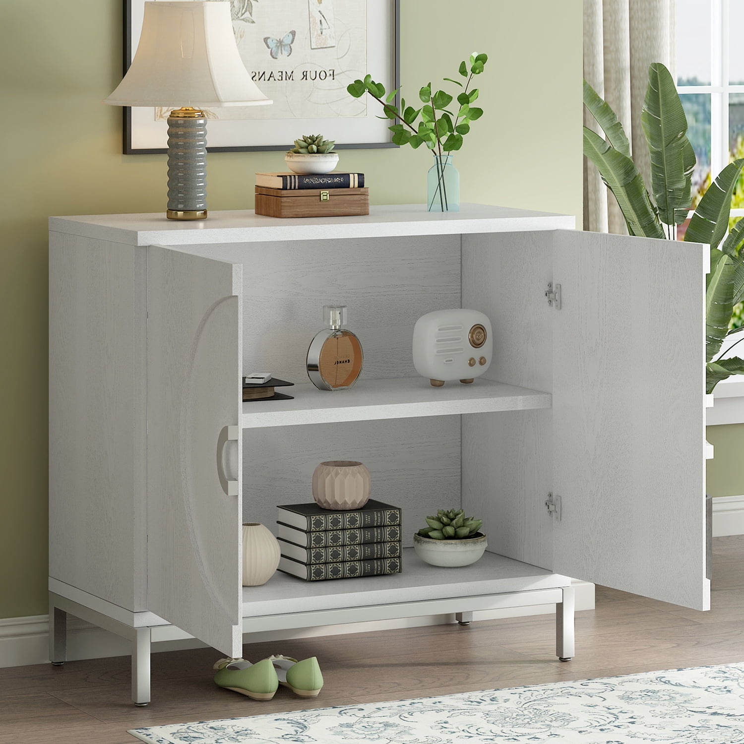 Kadyn Sideboard Buffet Cabinet, Accent Cabinet with Solid Wood Veneer and Metal Leg Frame, Kitchen Storage Cabinet for Entryway,White Kadyn Sideboard Buffet Cabinet, Accent Cabinet with Solid Wood Veneer and Metal Leg Frame, Kitchen Storage Cabinet for Entryway,White