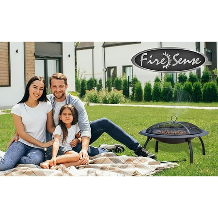 Fire Sense Fire Pit Round Steel with Folding Legs Included Carrying Bag & Screen Lift Tool Black 29"