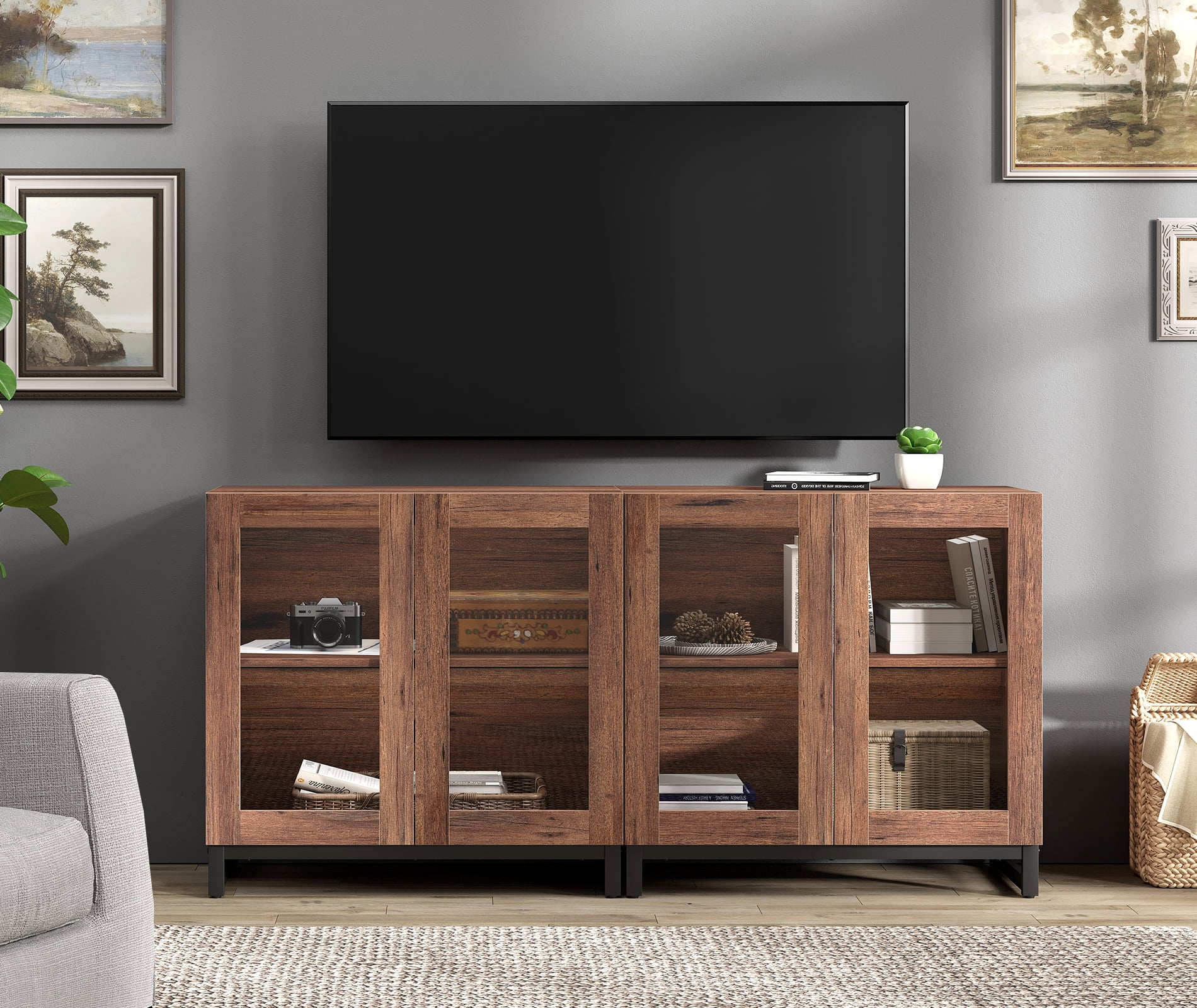 WAMPAT 63 Inch TV Stand with Glass Doors for 32-70 inch TVs, Modern Entertainment Center TV Console with Adjustable Shelves for Living Room, Bedroom, Brown
