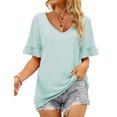 thumbnail image 1 of Tops con cuello en V para mujer Camiseta de manga corta suave y agradable para la piel de color puro para citas Compras Verde claro L, 1 of 5