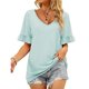 thumbnail image 1 of Las mujeres Con Cuello En V Tops Color Puro Suave Agradable A La Piel de Manga Corta Camiseta para Citas Compras Luz Verde L, 1 of 5