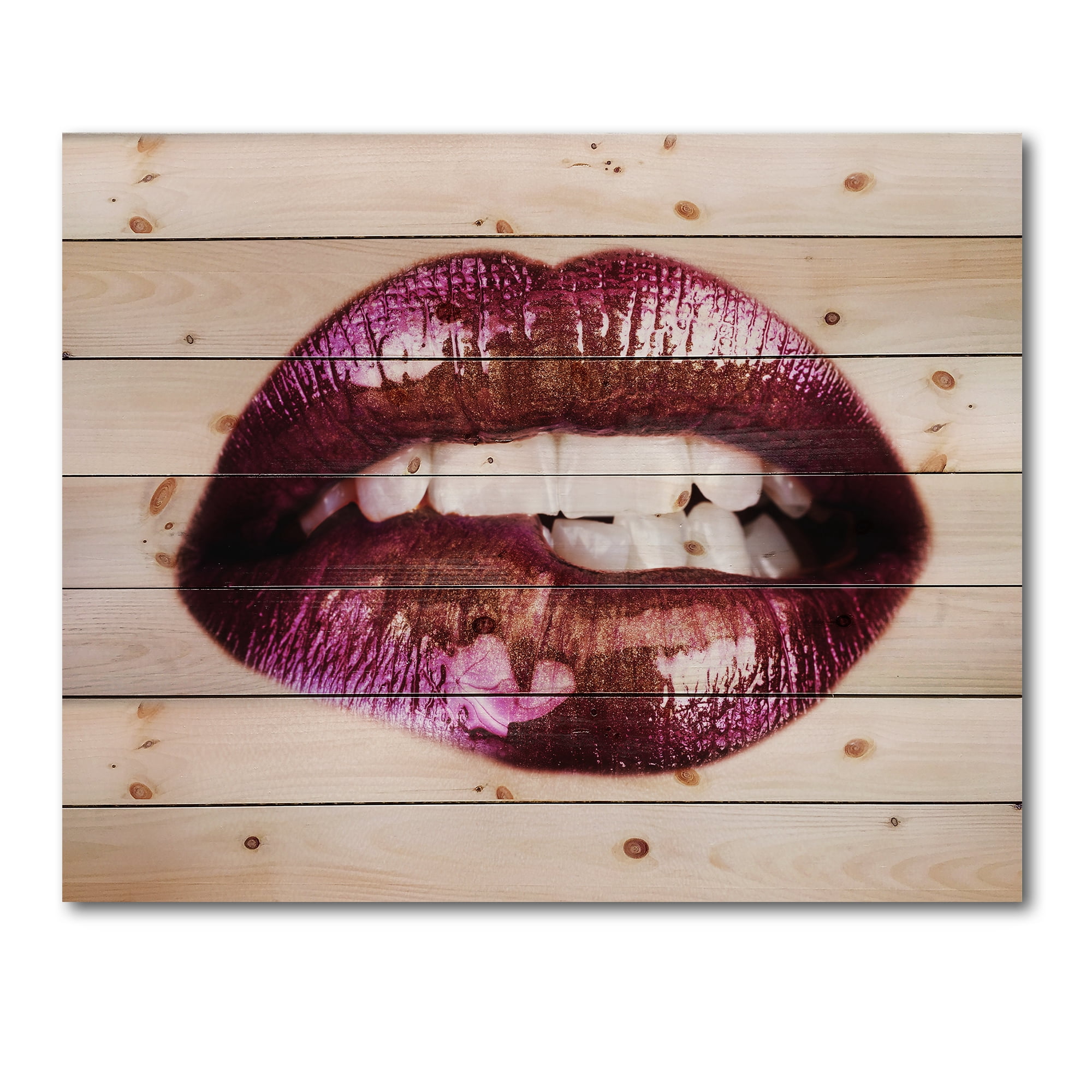 Designart 'Close-Up Of Purple Female Lips' Modern Print on Natural Pine Wood