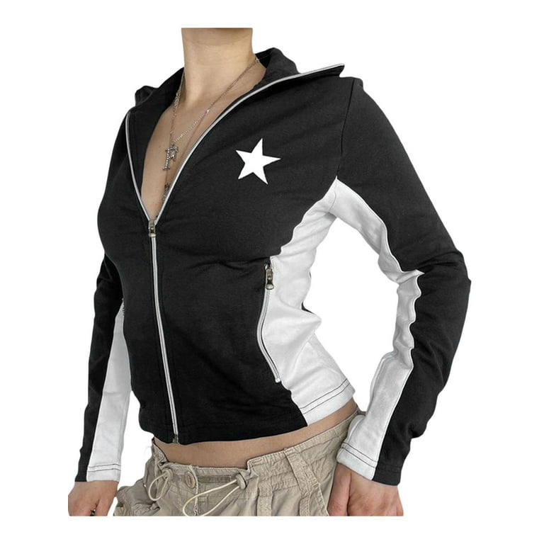 Blokecore Streetwear Jacket Up Stand Fit Women Tracksuit Y2K Sweatshirt Collar Zip Sleeve Racing Jackets Slim Long
