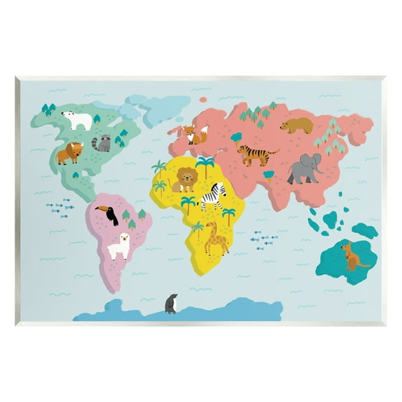 Stupell Industries Whimsical Wildlife World Map Travel & Places Painting Unframed Art Print Wall Art, 15 x 10